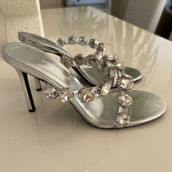 💎Zara Rhinestones Crystals Embellished Mules Silver Heels US Sz 11/ EU 42 - Picture 4 of 11